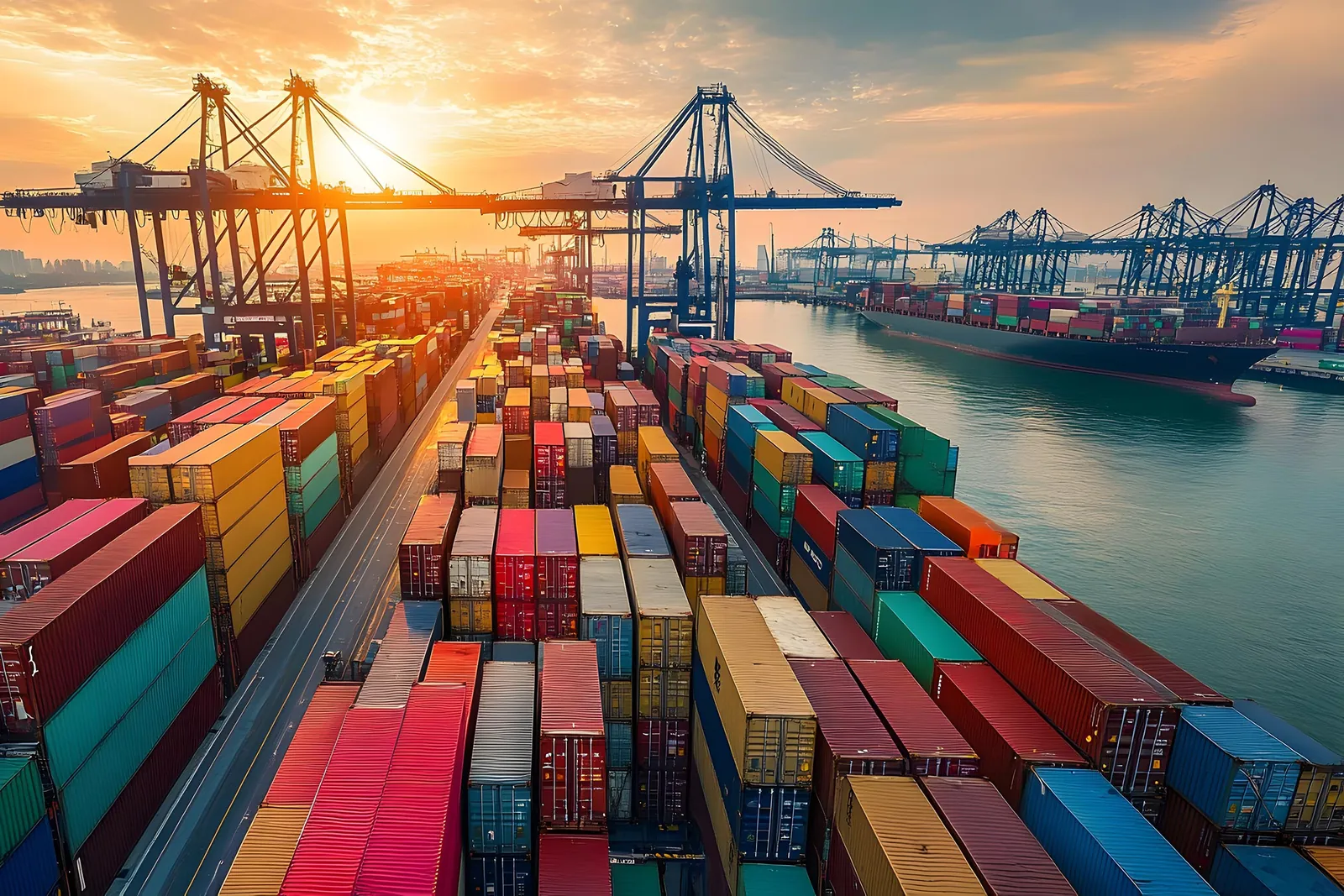 Container terminal with ship-to-shore cranes and stacked containers at sunset