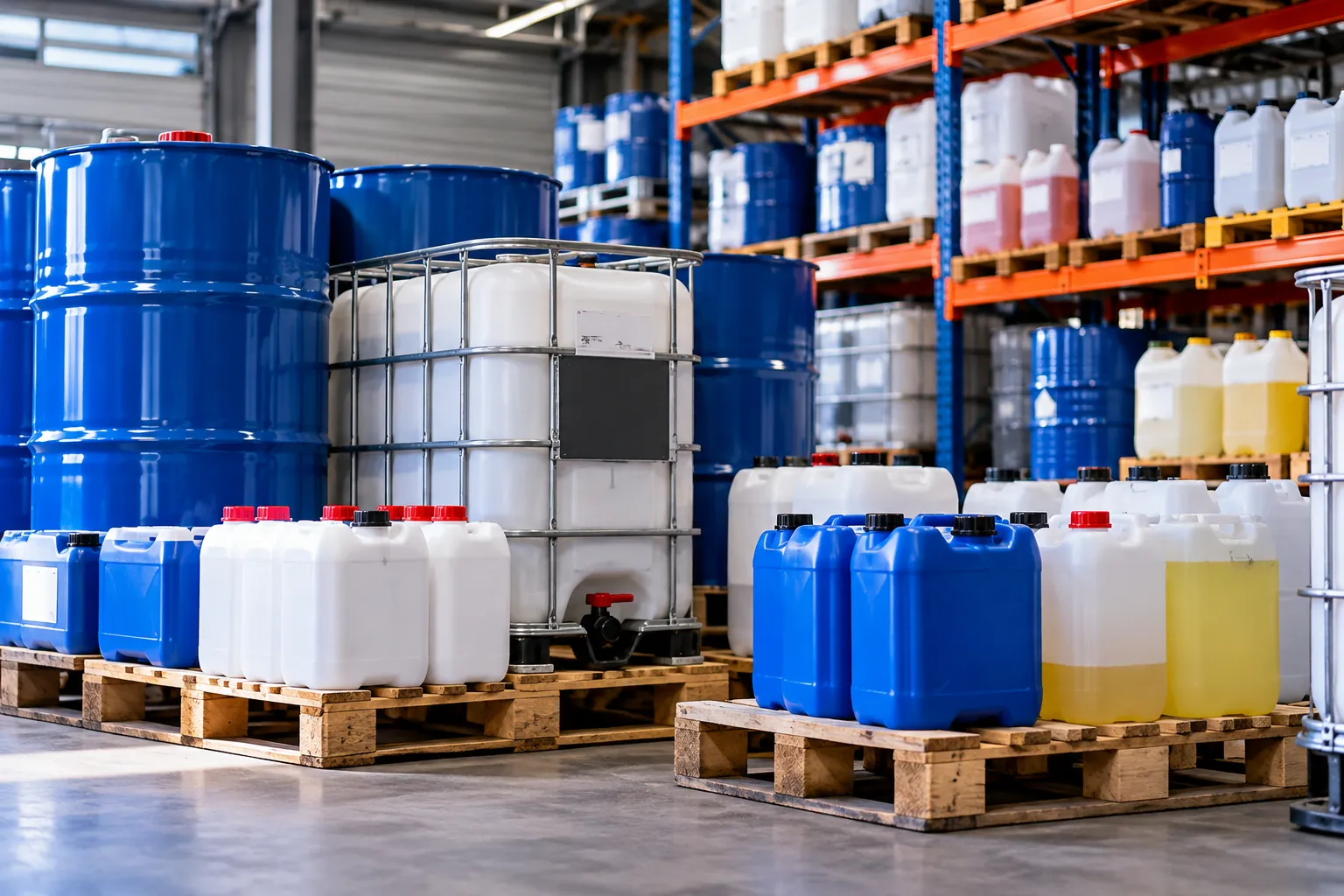 Drums and containers of chemicals stored on pallets in a warehouse