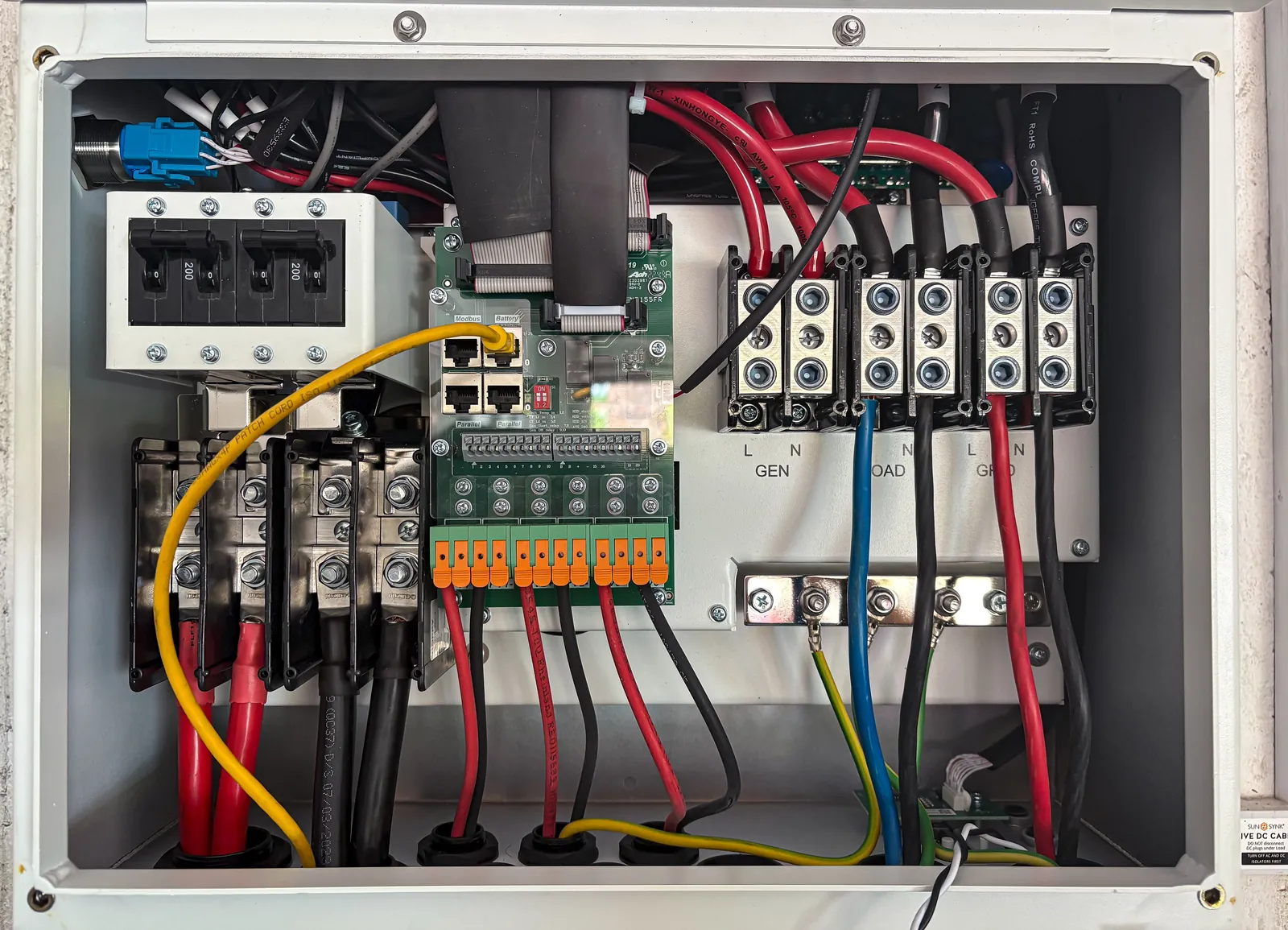 Open electrical panel with breakers, terminals and wiring
