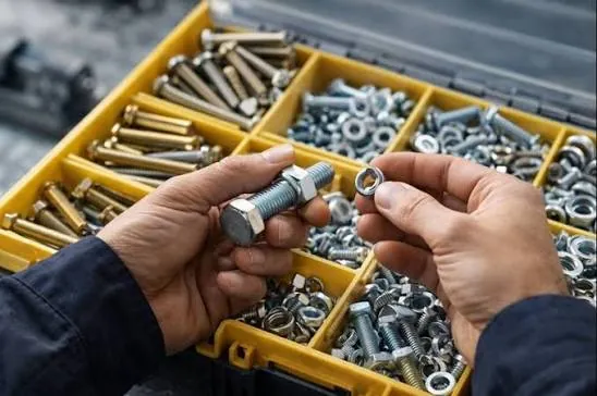Hands holding a bolt and nut over a tray of marine fasteners